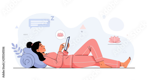 Relaxing Woman Lying Down Using Smartphone, Texting, Dreaming of Lotuses