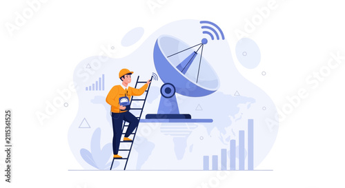 Satellite Communication Technician Adjusting Dish Antenna for Global Network Connection and Data Transmission