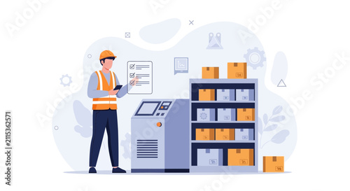 Warehouse worker in safety vest and hard hat uses tablet to manage inventory, checking boxes on shelves next to machinery and checklist.