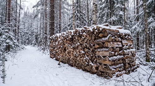 Large woodpile of chopped logs covered in snow in a winter forest