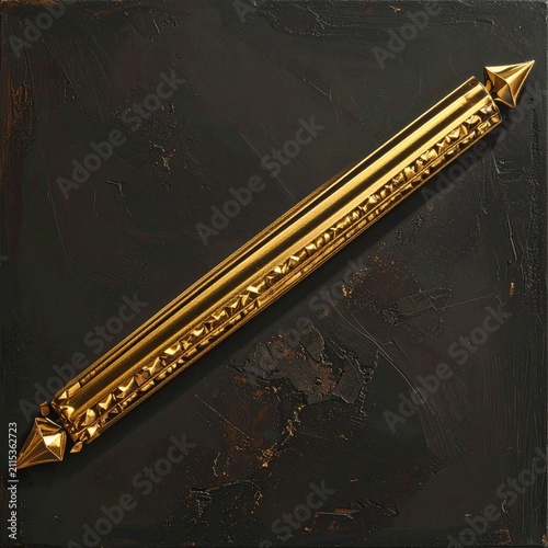 Ornate gold bar with spiked ends rests on textured dark background
