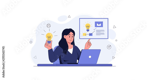 Woman with idea light bulb and laptop, presenting business strategy on screen, flat design illustration