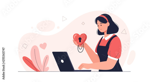 Woman with Heart and Lock Interacting with Laptop, Representing Online Dating, Security, and Love