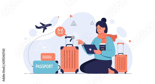 Woman with luggage and passport using tablet for travel planning, checking flight status and digital boarding pass at airport terminal.