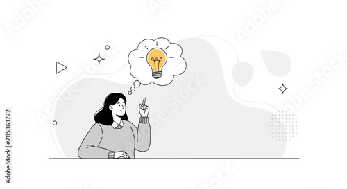 Woman with Lightbulb Idea Thought Bubble Vector Illustration - Innovation, Creativity, and Problem Solving Concept