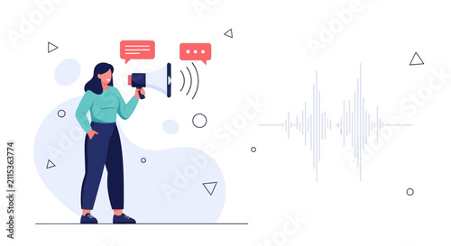 Woman with Megaphone Announcing and Sound Waveform Illustration