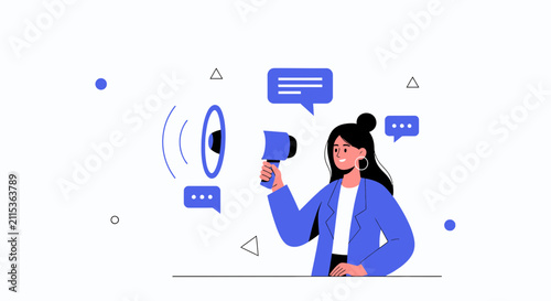 Woman with Megaphone Announcing News with Speech Bubbles and Sound Waves - Flat Illustration