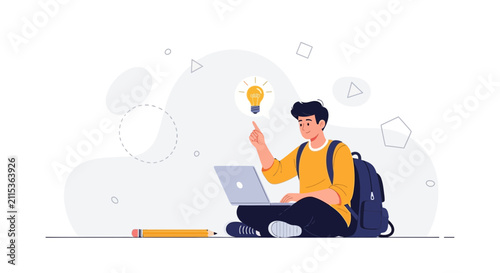 Young student with backpack and laptop gets an idea, illustrated with a lightbulb symbol and geometric shapes.