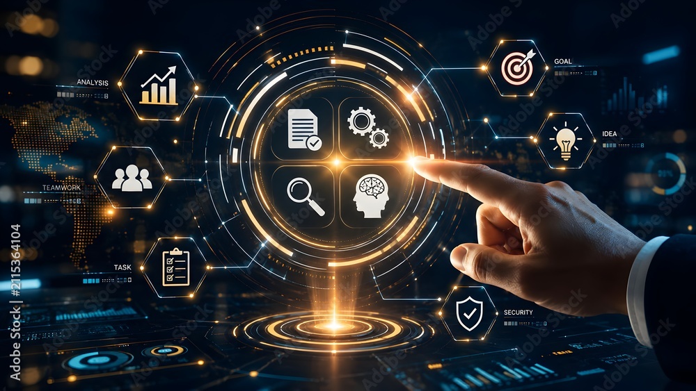 Fototapeta premium Business strategy analytics dashboard concept with executive hand touching glowing virtual interface featuring artificial intelligence and management icons