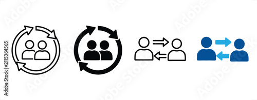 Teamwork exchange cycle icons during collaboration with bidirectional arrows in flat vector illustration style