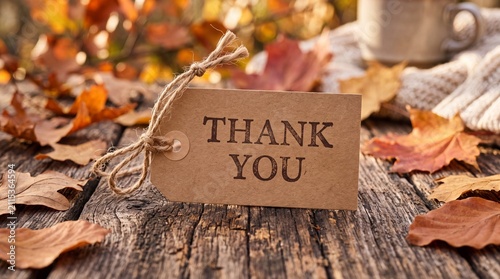Thank you message on a paper tag with autumn leaves on wood