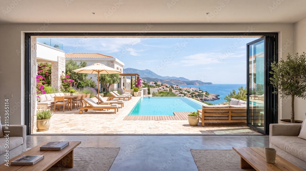 Fototapeta premium Luxury villa interior with open doors to an infinity pool and sea