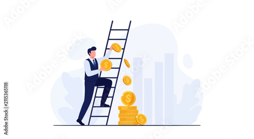 Businessman climbing ladder to stack coins, symbolizing financial growth, investment, and career success.