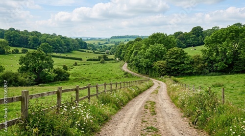 Country dirt road through green fields and wooden fence.