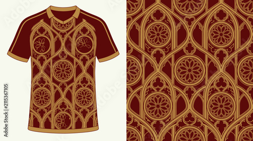 Ornate gothic arch pattern on burgundy t-shirt