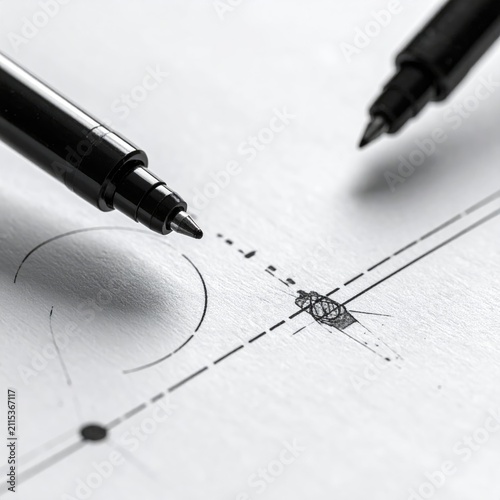 Two fine-tip black markers poised over a detailed blueprint sketch