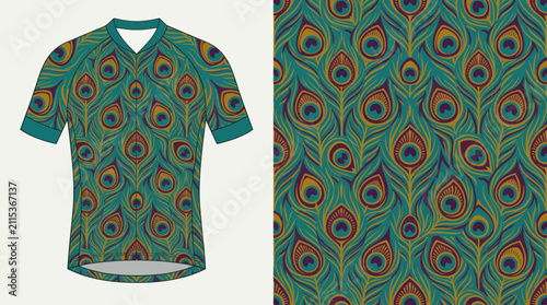 Peacock feather pattern on V-neck shirt and textile.