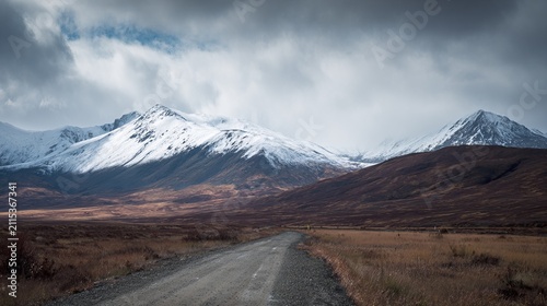 Scenic Road Leading to Snow-Capped Mountains Under a Cloudy Sky.