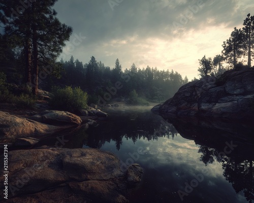Serene lake reflecting the sky and forest in a tranquil landscape.