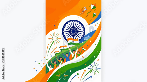 Vibrant celebration of India's cultural heritage featuring national symbols and festive activities in bright colors and lively