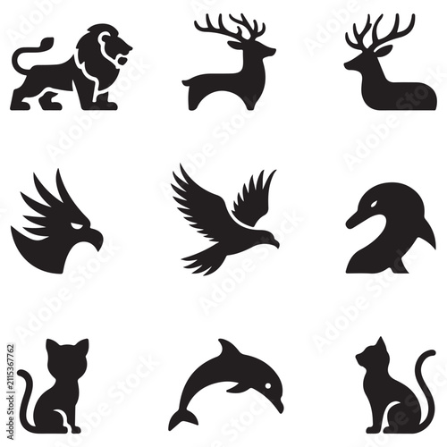 Black silhouette of various animals including mammals and birds