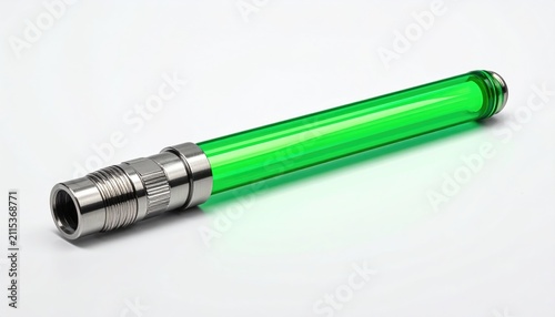 Sleek, metallic, and clear cylinder filled with glowing green liquid
