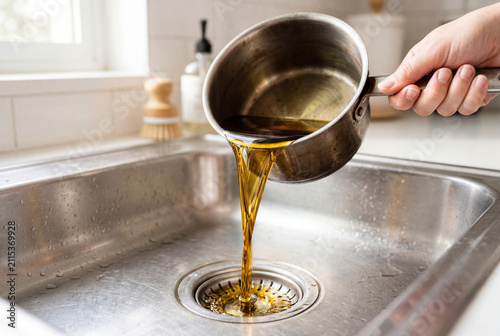 Hand pouring dirty dark cooking oil from a metal pot down a kitchen sink drain