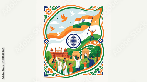 Vibrant celebration of Indian independence showcasing patriotic symbols and culturally diverse people in a colorful artistic style