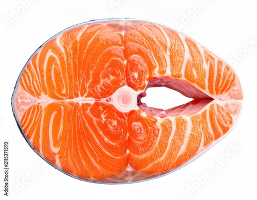 Raw salmon steak with vibrant orange flesh and white marbling