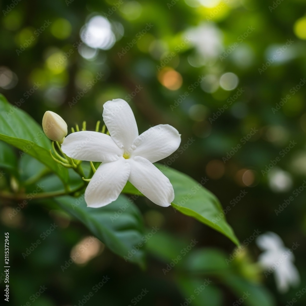 Fototapeta premium Close-up of a beautiful white jasmine flower in full bloom.