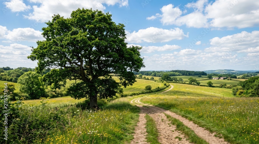 Obraz premium Dirt road leading past large oak tree in field.