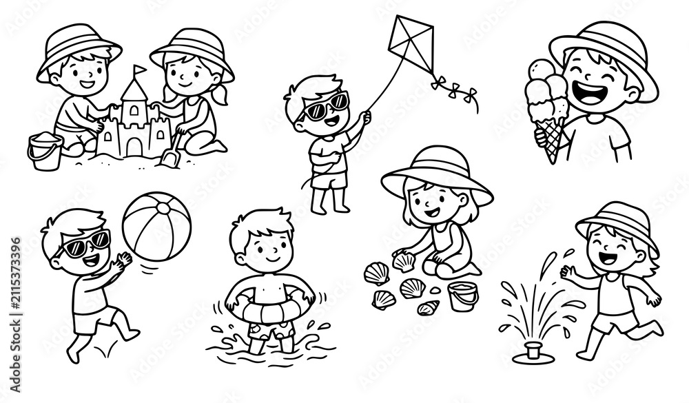Obraz premium Cute Summer Kids Cartoon Outline Vector Set Black and White Coloring Book Illustration