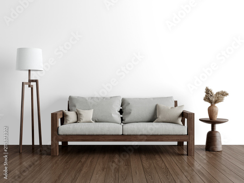 Organic Modern Living Room Wall Mockup PNG with Wooden Sofa and Sculptural Side Table, Transparent Background, Soft Shadows