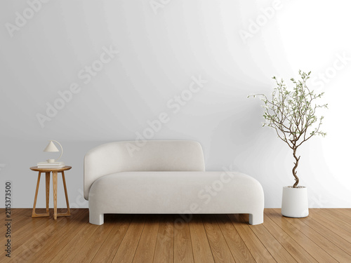 Minimalist Modern Living Room Wall Mockup PNG with Curved White Chaise Lounge and Olive Tree, Transparent Background, Soft Shadows
