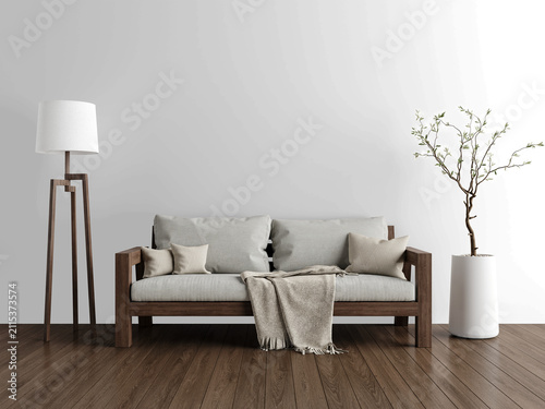 Organic Modern Living Room Wall Mockup PNG with Wooden Sofa and Potted Olive Tree, Transparent Background, Soft Shadows