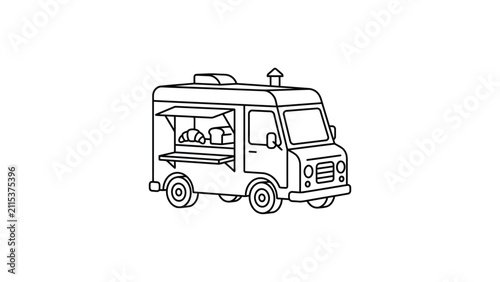 Obraz na płótnie Hand-drawn outline illustration of a food truck selling baked goods like croissants and bread, isolated on white background