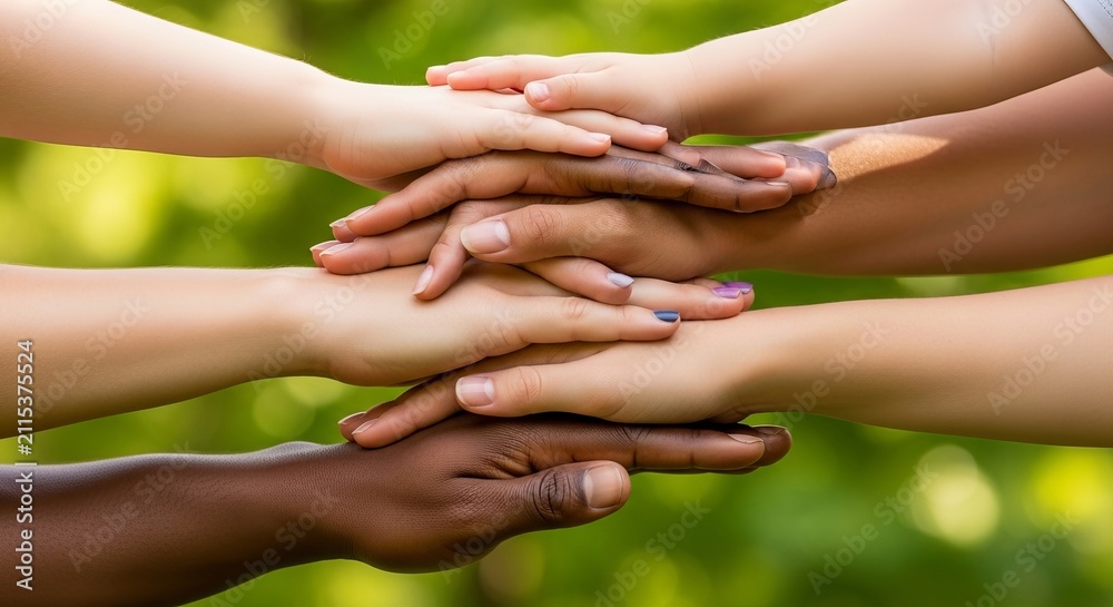 Fototapeta premium Diverse hands stacked together symbolizing unity and collaboration.