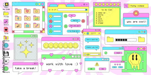 Y2k Computer UI Cute Vector Illustration. Vaporwave Interface Cartoon System Window Signs. Cool Retro Pop Art Background.