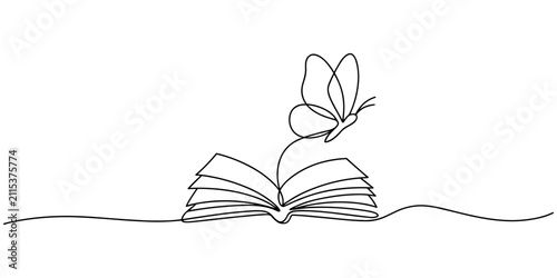 Continuous one line drawing of an open book releasing a butterfly, imagination and education concept