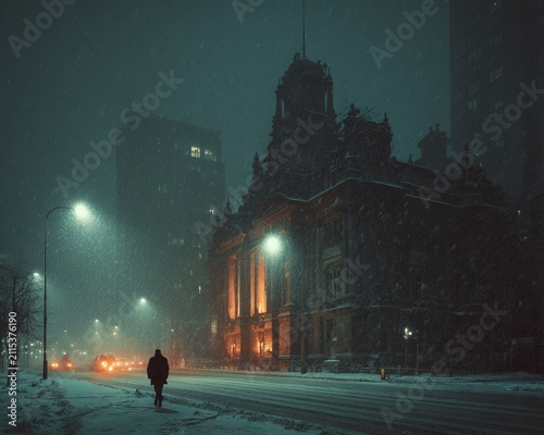 Eerie Night Scene - Person Walking Towards Illuminated Building in Fog.