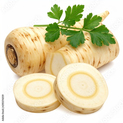 Creamy parsnip root vegetable, sliced, with fresh green herb garnish