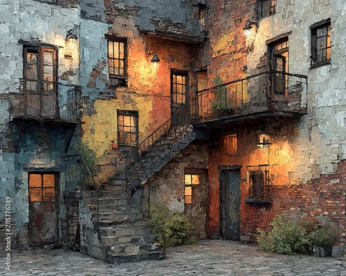 Enchanting Courtyard Scene - A Blend of Architecture and Warm Light.
