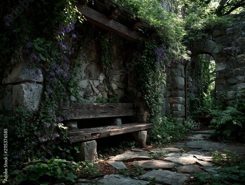 Enchanting Stone Bench Nook in Lush Green Garden.