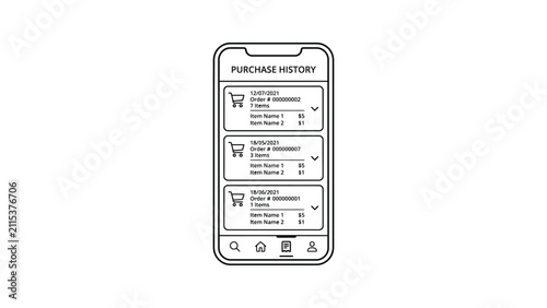 Smartphone Screen Displaying Purchase History List with Order Details, Dates, Items, and Prices - Vector Illustration