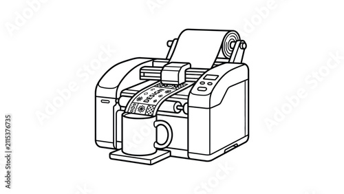 Digital Printer Machine Printing Design on Mug and Fabric Roll - Vector Illustration