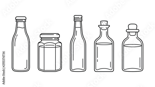 Set of Hand-Drawn Bottles and Jars: Milk, Jam, Oil, and Perfume - Vector Illustration