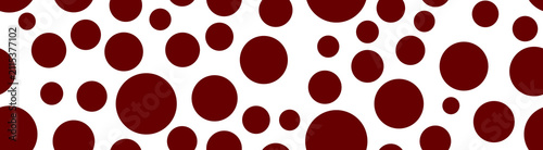 A playful horizontal banner displaying a variety of deep red circular dots of different sizes, scattered across a white background.