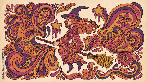 groovy 1970s style psychedelic illustration of a witch on a broomstick with wavy hair and floral patterns in orange and purple tones