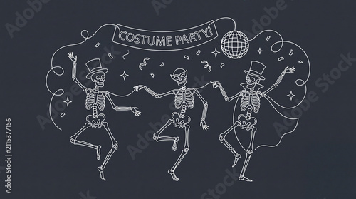simple continuous line art graphic of three skeletons dancing at a costume party with confetti and stars around them on dark background