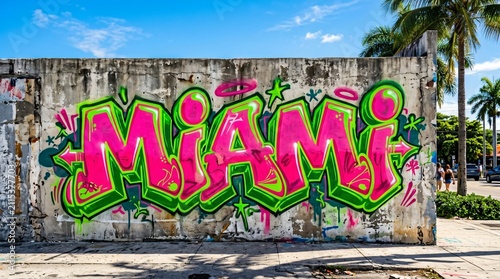 Vibrant graffiti wall art with Miami text, colorful street art on weathered concrete, urban spray paint mural in tropical outdoor setting